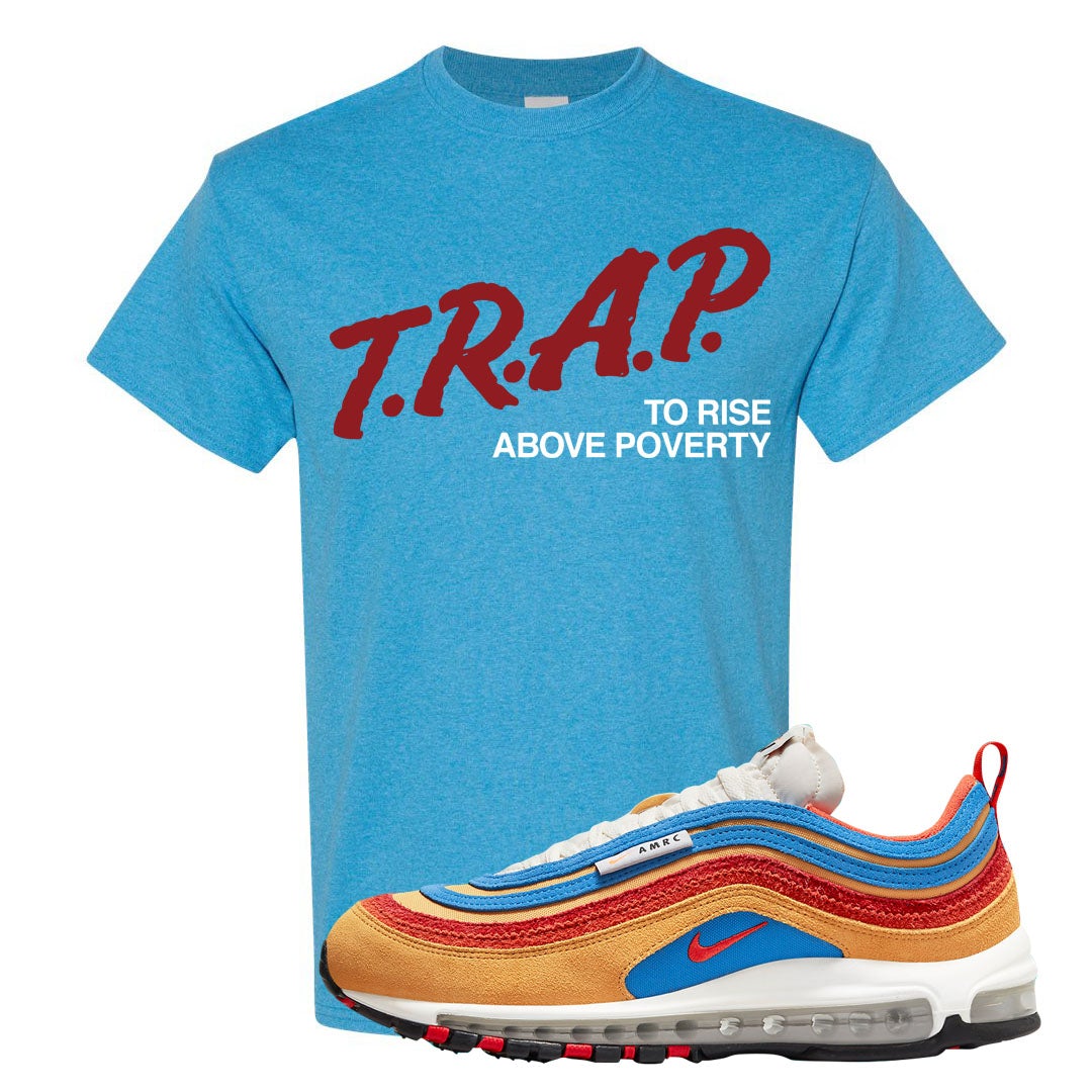 Tan AMRC 97s T Shirt | Trap To Rise Above Poverty, Heather Sapphire
