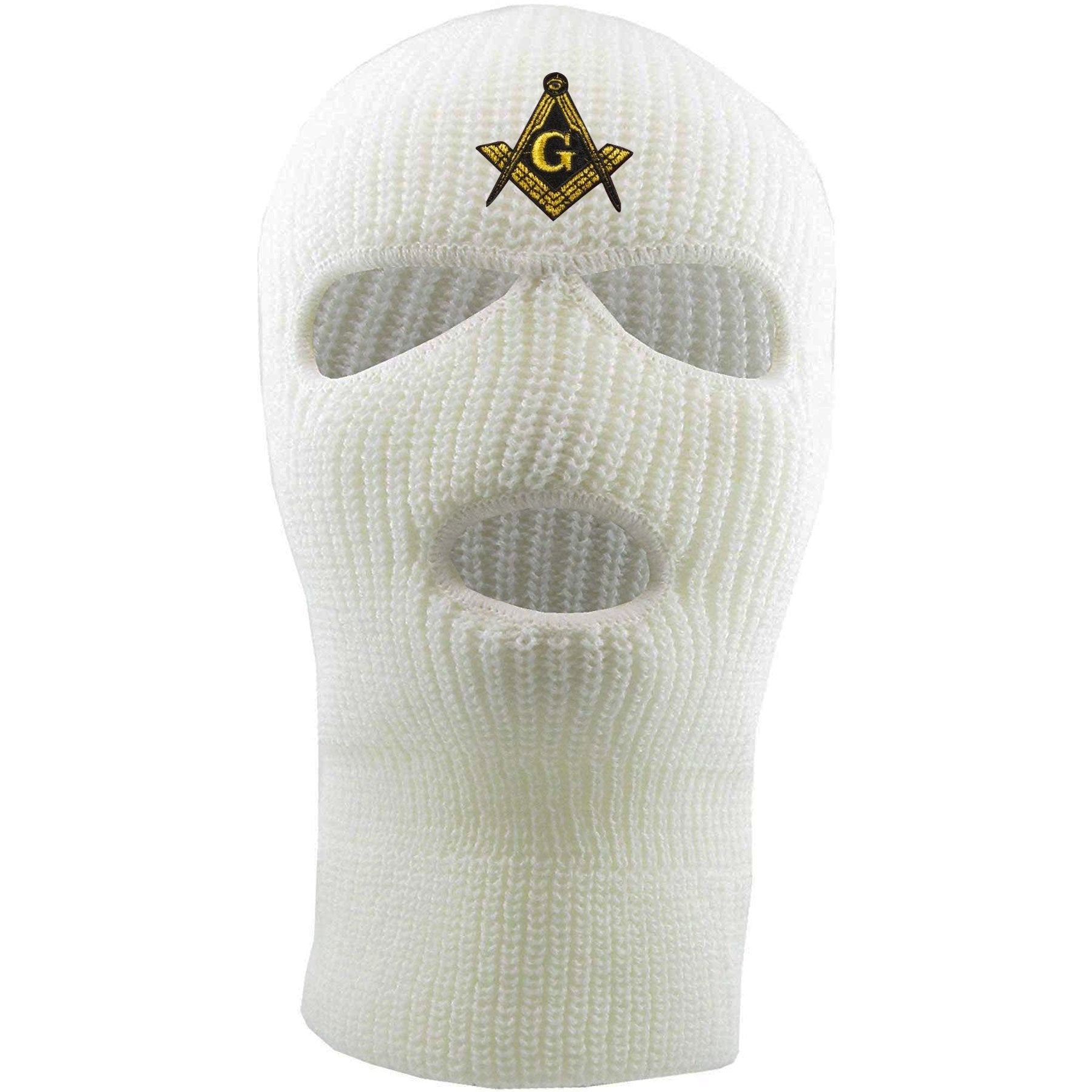 Embroidered on the front of the white masonic ski mask is the free mason square compass embroidered in black and gold