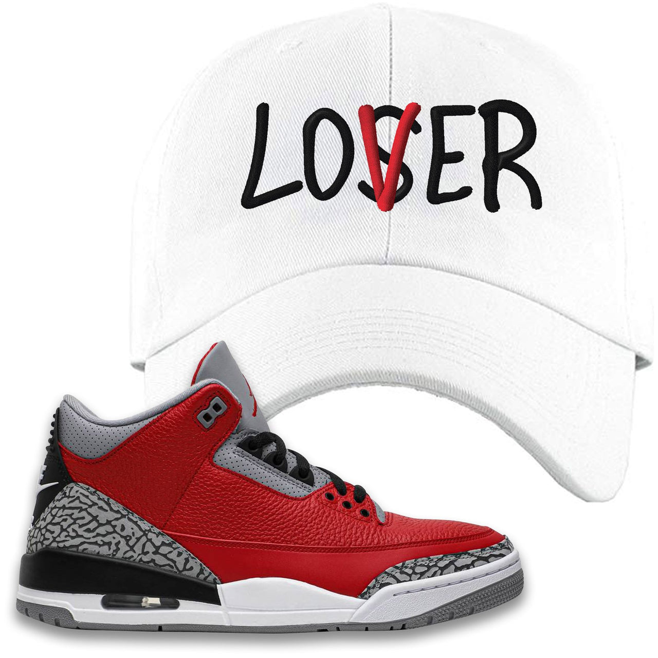 Chicago Exclusive Jordan 3 Red Cement Sneaker White Dad Hat | Hat to match Jordan 3 All Star Red Cement Shoes | Lover