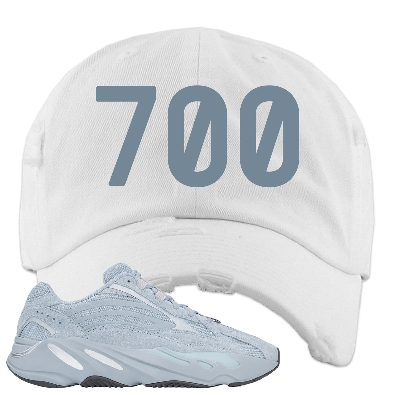 Yeezy Boost 700 V2 Hospital Blue 700 Sneaker Matching White Distressed Dad Hat
