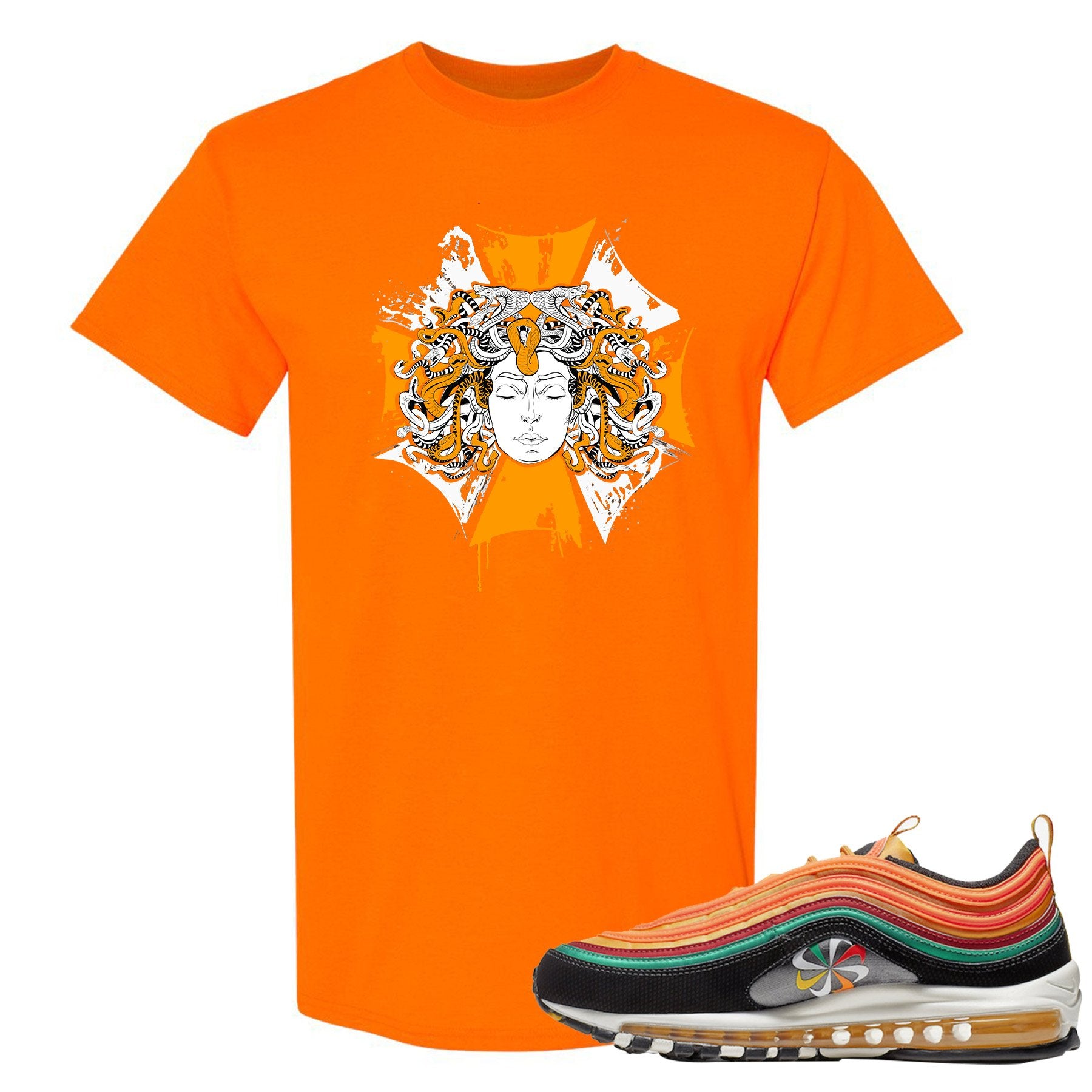 Printed on the front of the safety orange Air Max 97 Sunburst sneaker matching t-shirt is the medusa logo