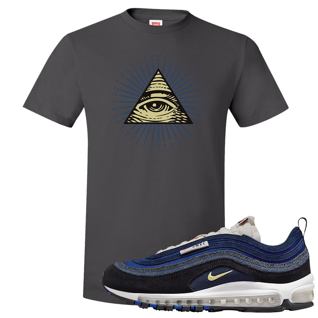 Navy Suede AMRC 97s T Shirt | All Seeing Eye, Smoke Grey