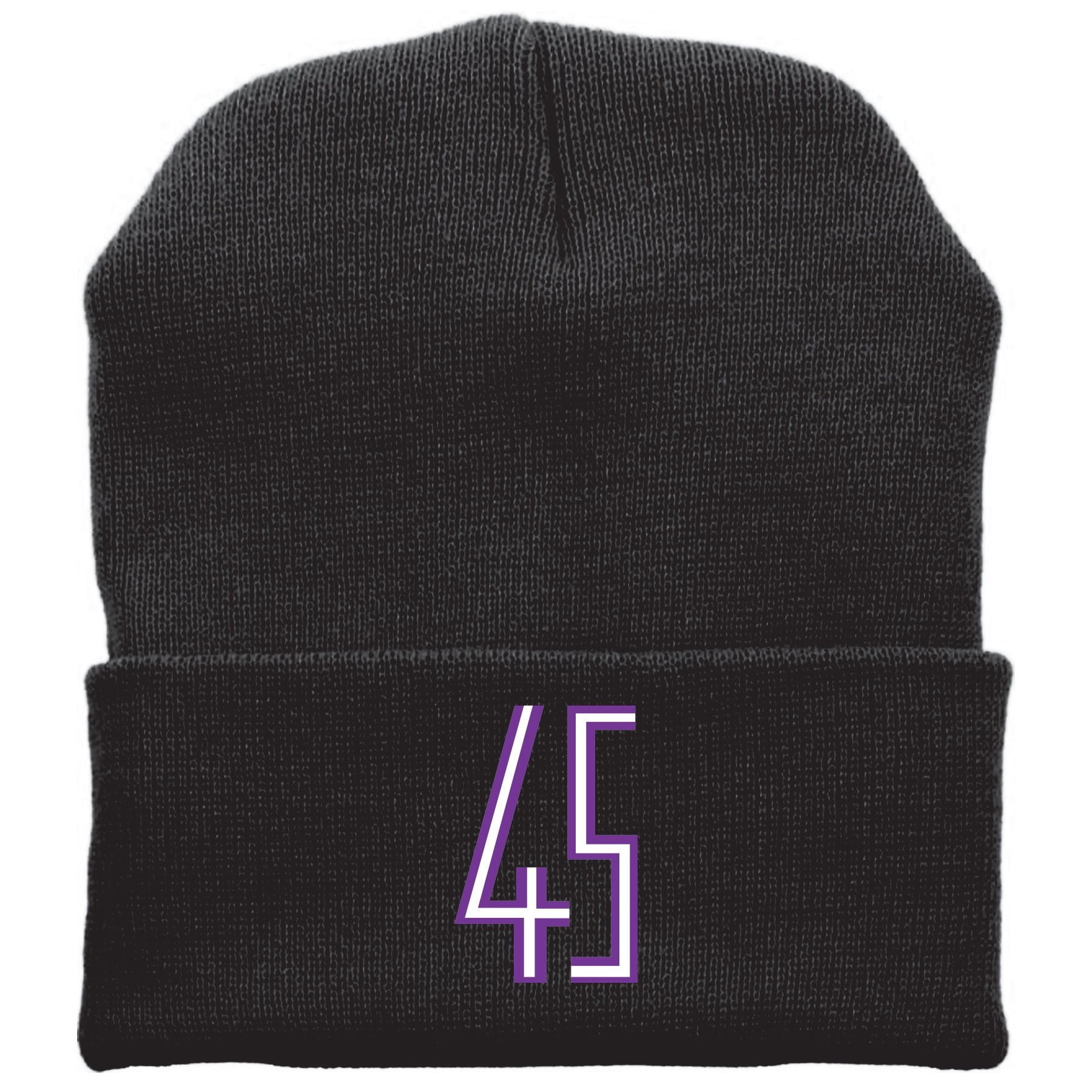 Embroidered on the front of the black Jordan 11 Concord Sneaker Matching Winter Beanie is the 45 logo in purple and white