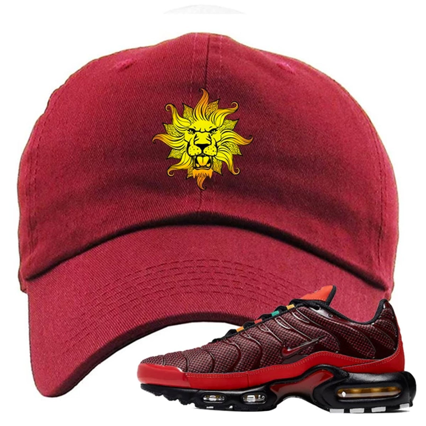 Embroidered on the front of the air max plus sunburst sneaker matching maroon dad hat is the vintage lion head logo