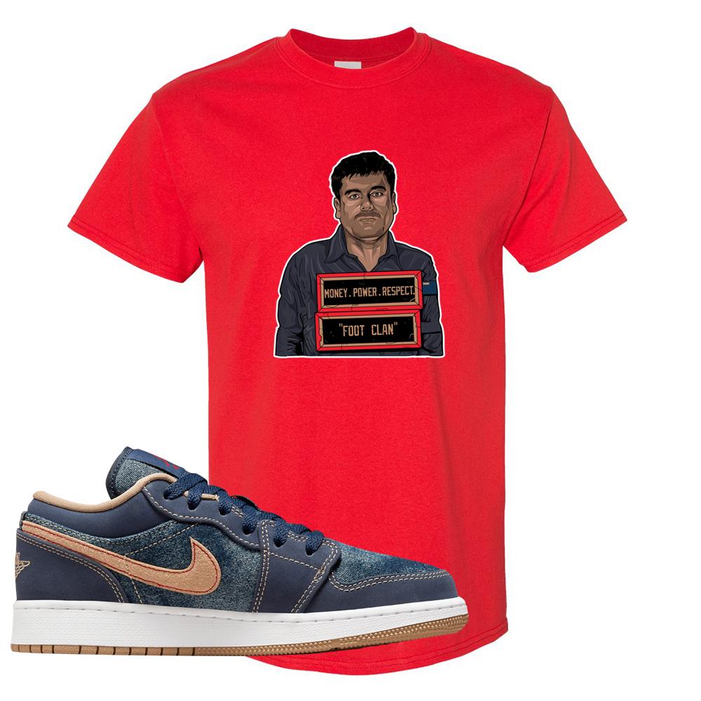 Denim Gum Bottom Low 1s T Shirt | El Chapo Illustration, Red