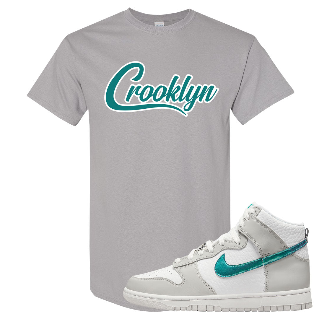 White Grey Turquoise High Dunks T Shirt | Crooklyn, Gravel