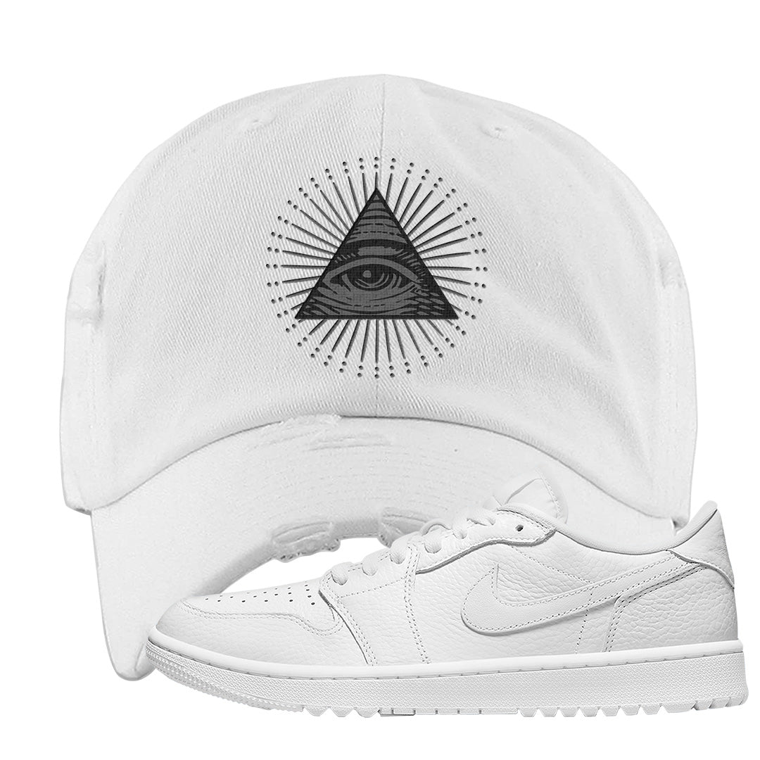 Triple White Golf Low 1s Distressed Dad Hat | All Seeing Eye, White