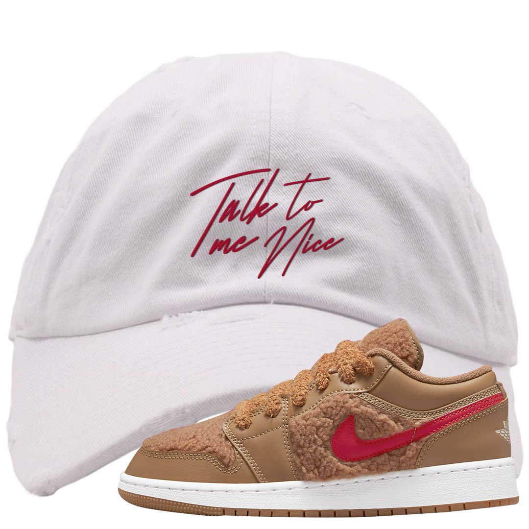 Teddy Bear Low 1s Distressed Dad Hat | Talk To Me Nice, White