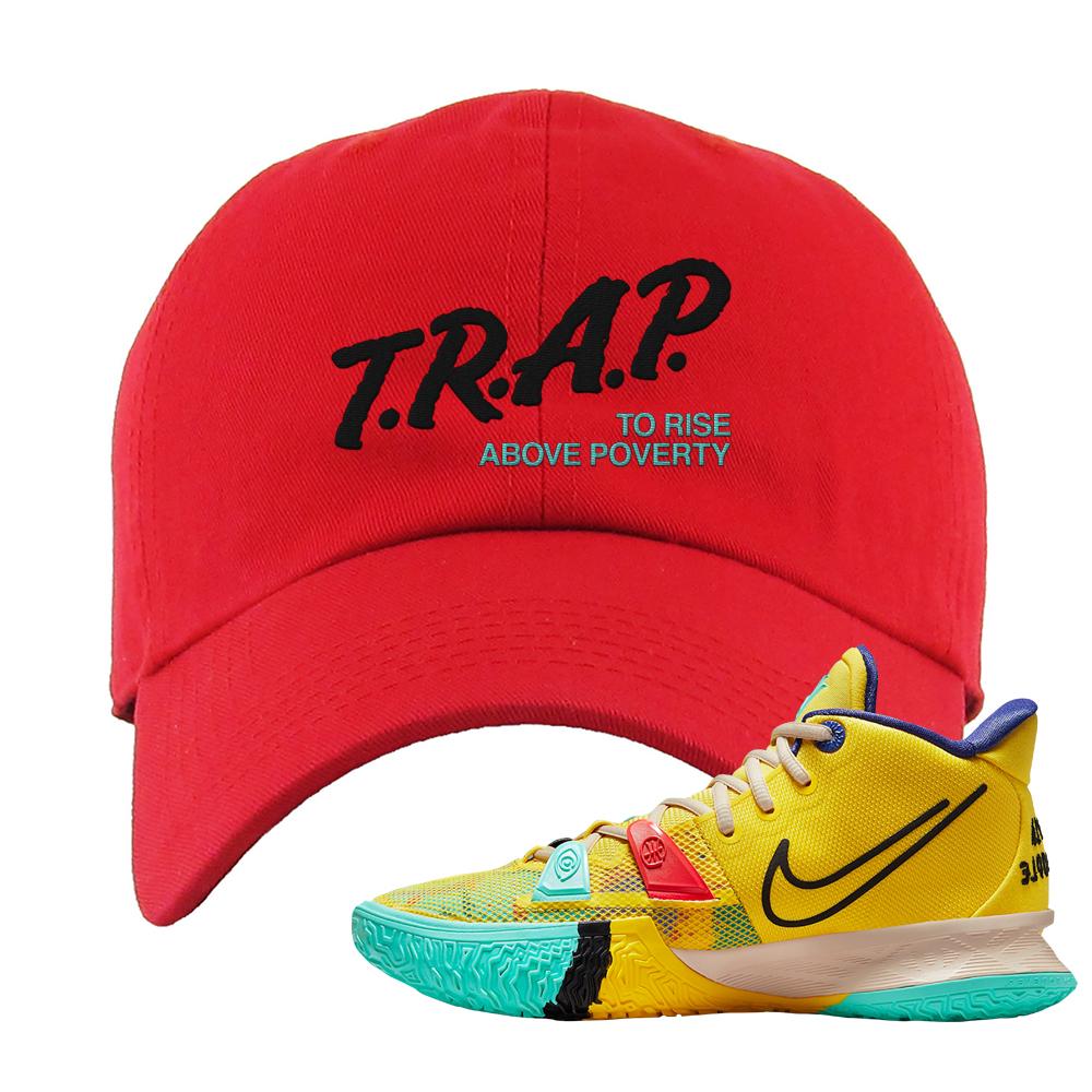 1 World 1 People Yellow 7s Dad Hat | Trap To Rise Above Poverty, Red