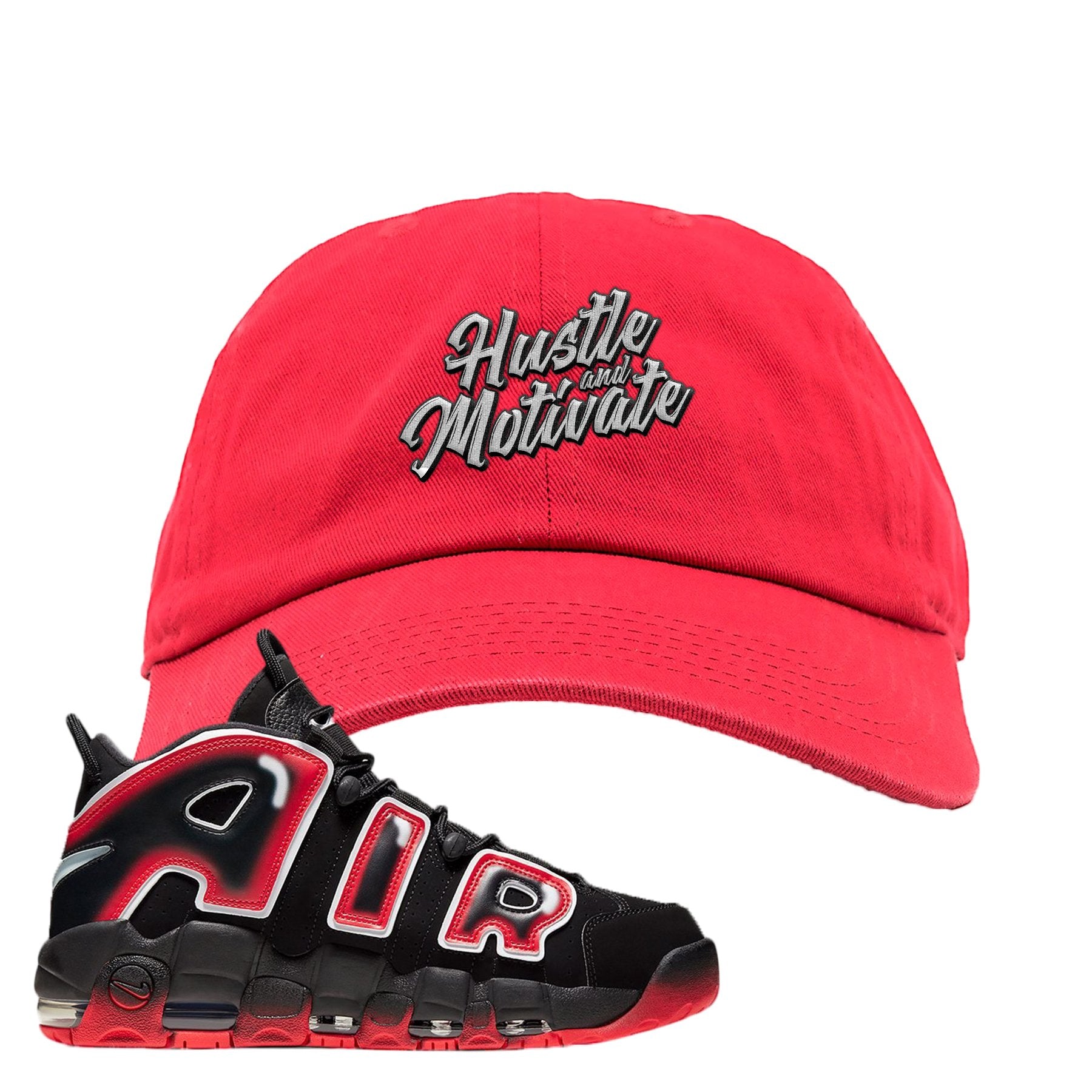Air More Uptempo Laser Crimson Hustle & Motivate Red Sneaker Hook Up Dad Hat
