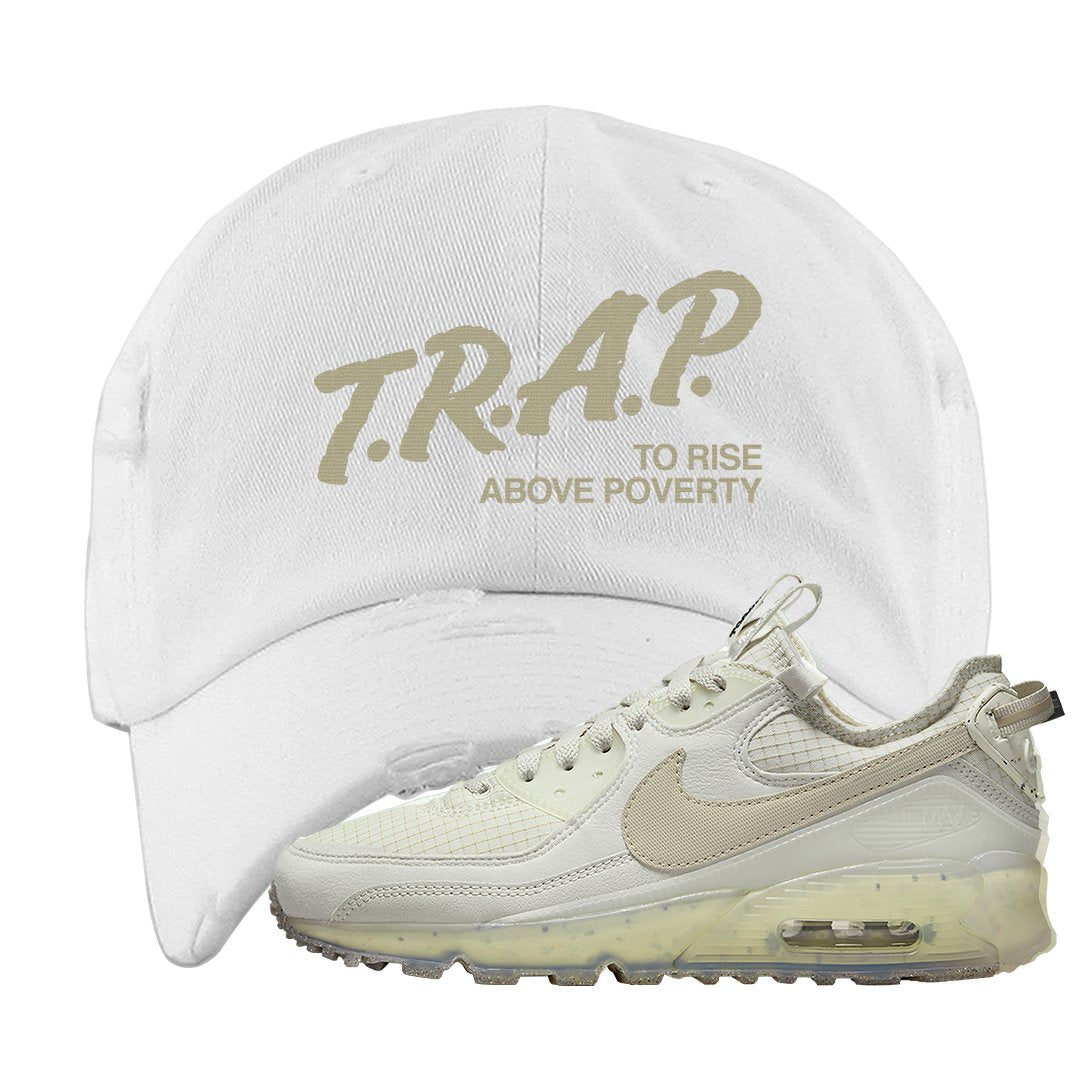 Terrascape Light Bone 90s Distressed Dad Hat | Trap To Rise Above Poverty, White