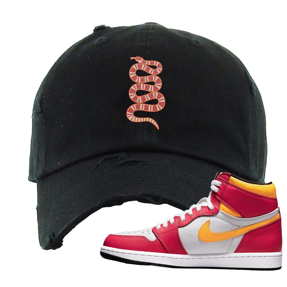 Air Jordan 1 Light Fusion Red Distressed Dad Hat | Coiled Snake, Black