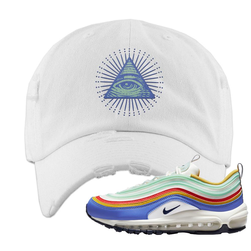 Multicolor 97s Distressed Dad Hat | All Seeing Eye, White