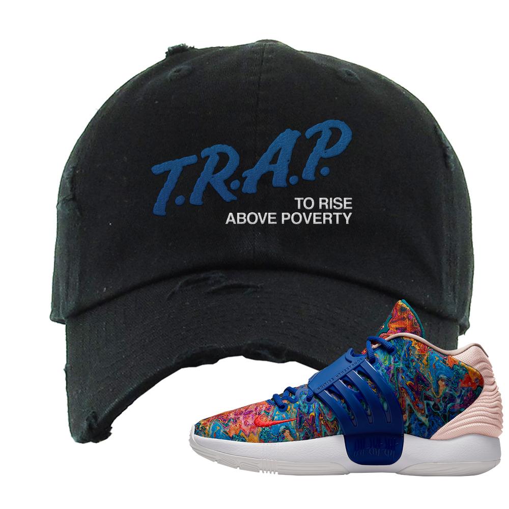Deep Royal KD 14s Distressed Dad Hat | Trap To Rise Above Poverty, Black