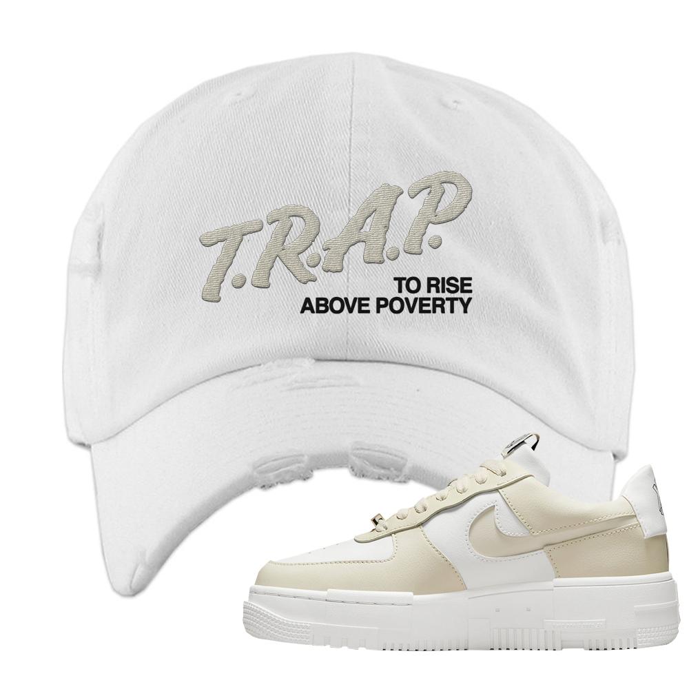 Pixel Cream White Force 1s Distressed Dad Hat | Trap To Rise Above Poverty, White
