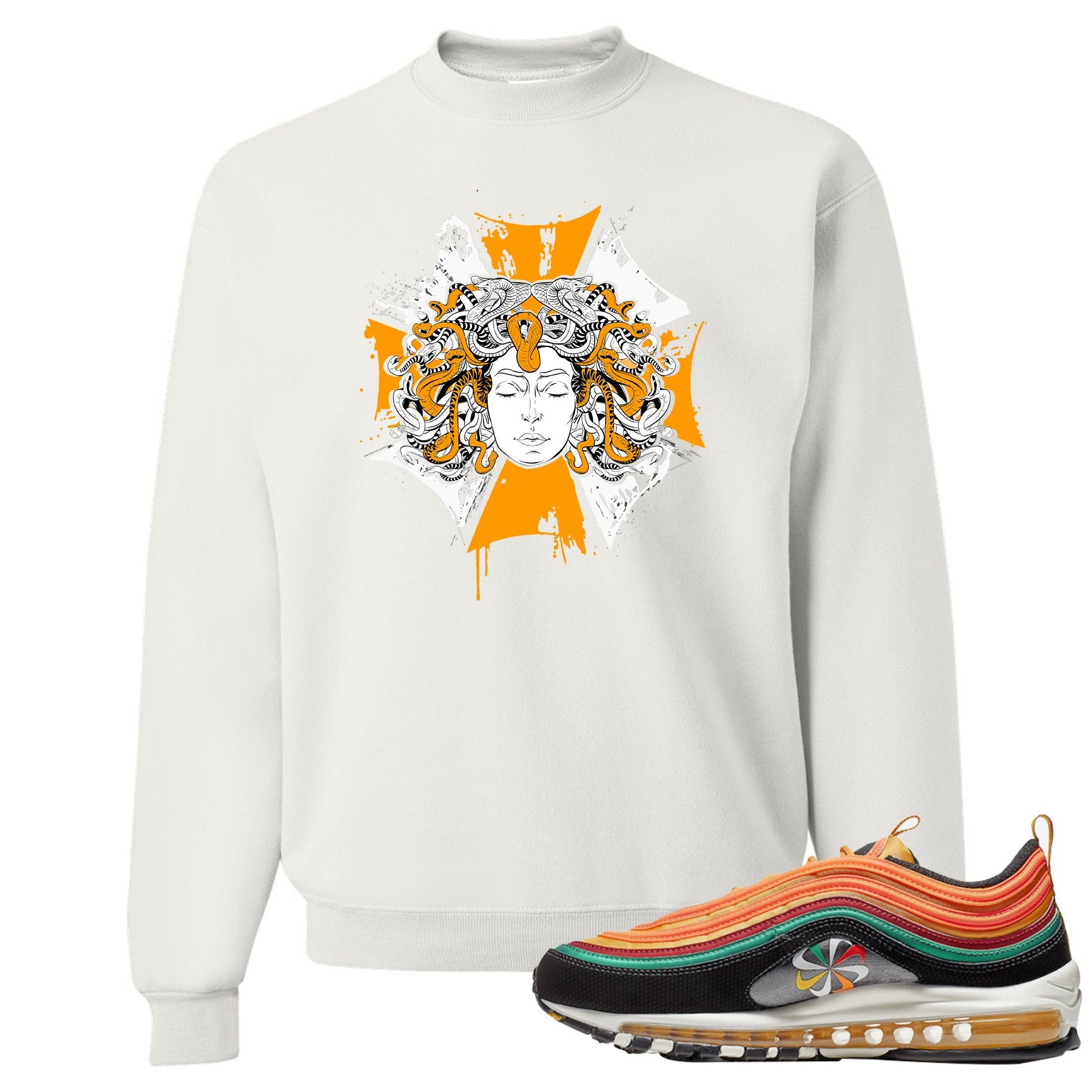 Printed on the front of the Air Max 97 Sunburst white sneaker matching crewneck sweatshirt is the Medusa Sunburst logo