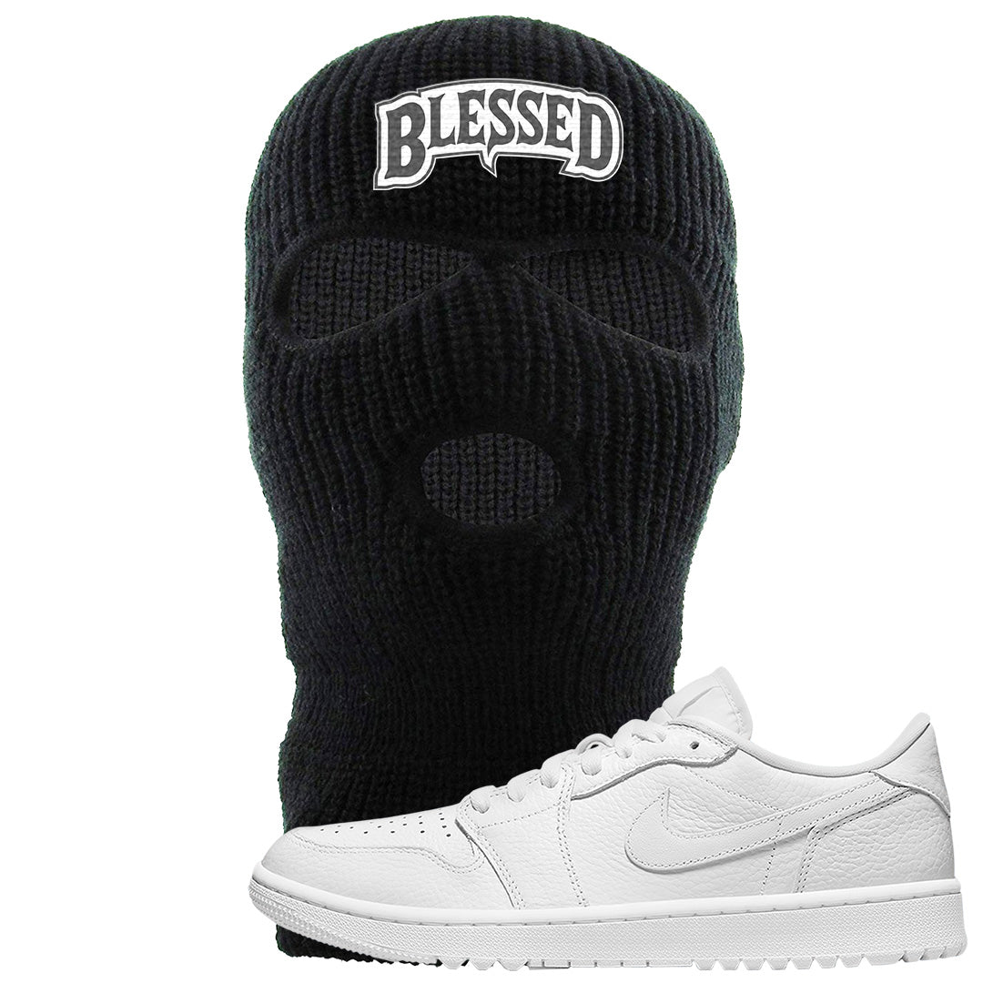 Triple White Golf Low 1s Ski Mask | Blessed Arch, Black