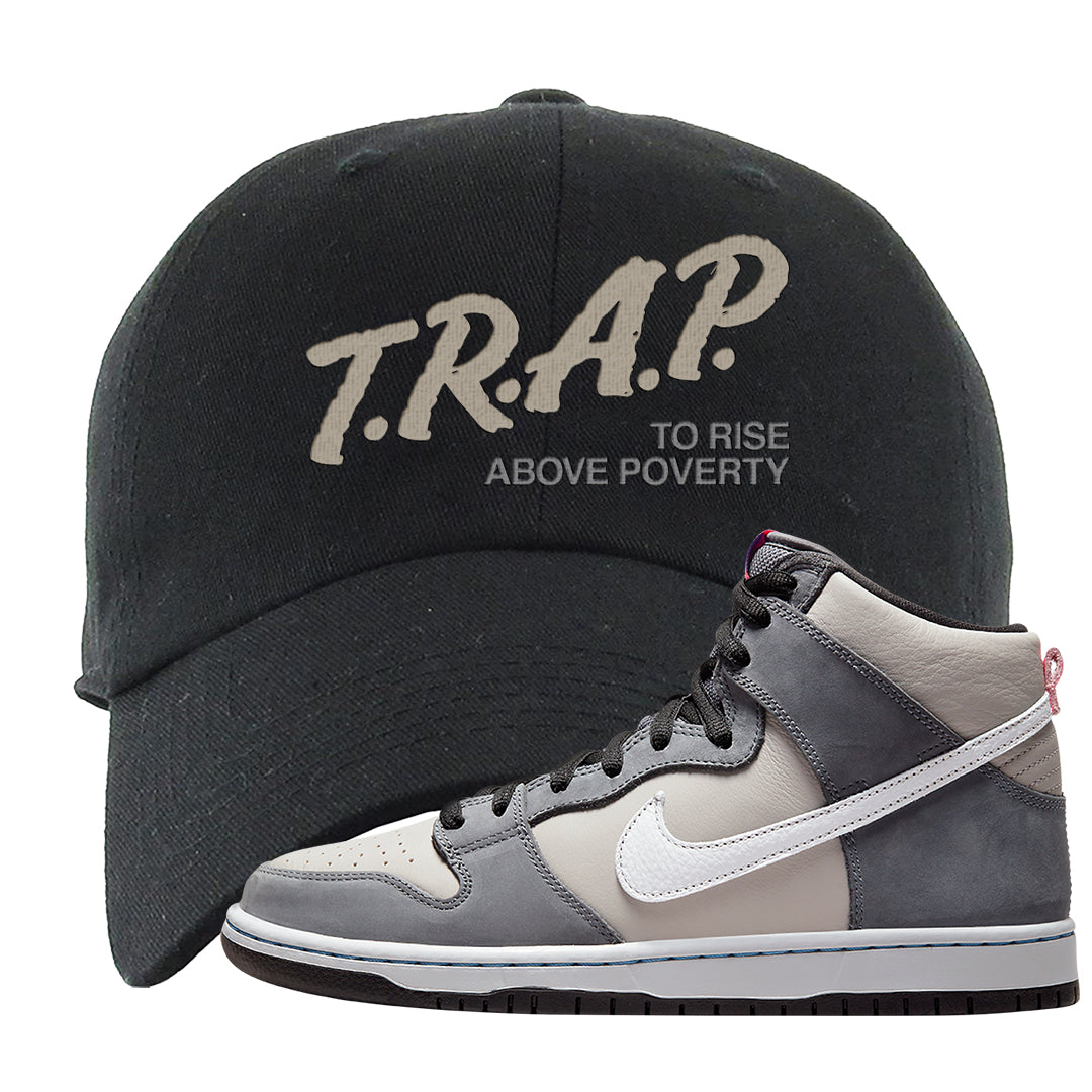 Medium Grey High Dunks Dad Hat | Trap To Rise Above Poverty, Black