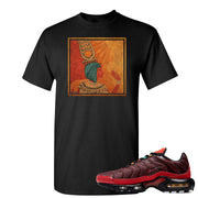 printed on the front of the air max plus sunburst sneaker matching black tee shirt is the vintage egyptian logo