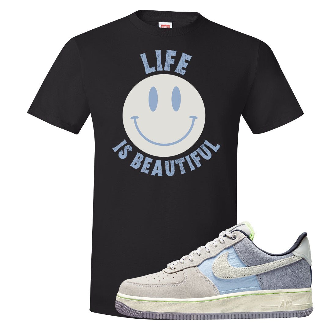 Womens Mountain White Blue AF 1s T Shirt | Smile Life Is Beautiful, Black