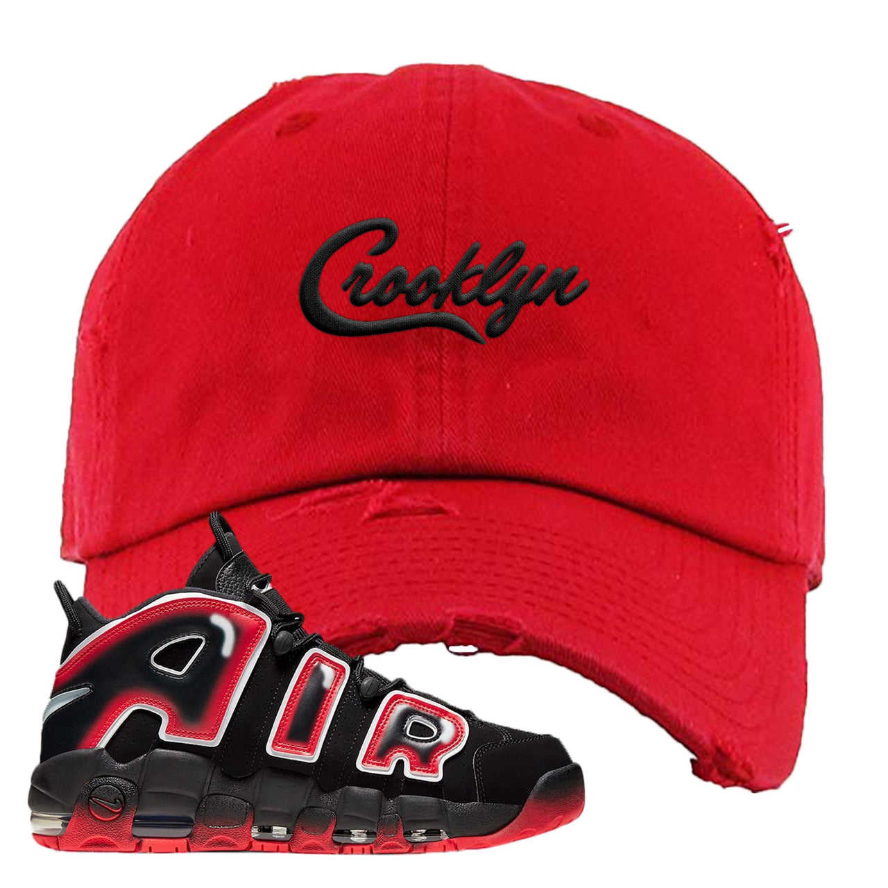 Air More Uptempo Laser Crimson Crooklyn Red Sneaker Hook Up Distressed Dad Hat