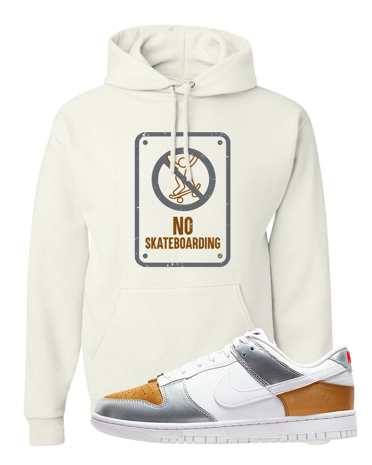 Gold Silver Red Low Dunks Hoodie | No Skating Sign, White