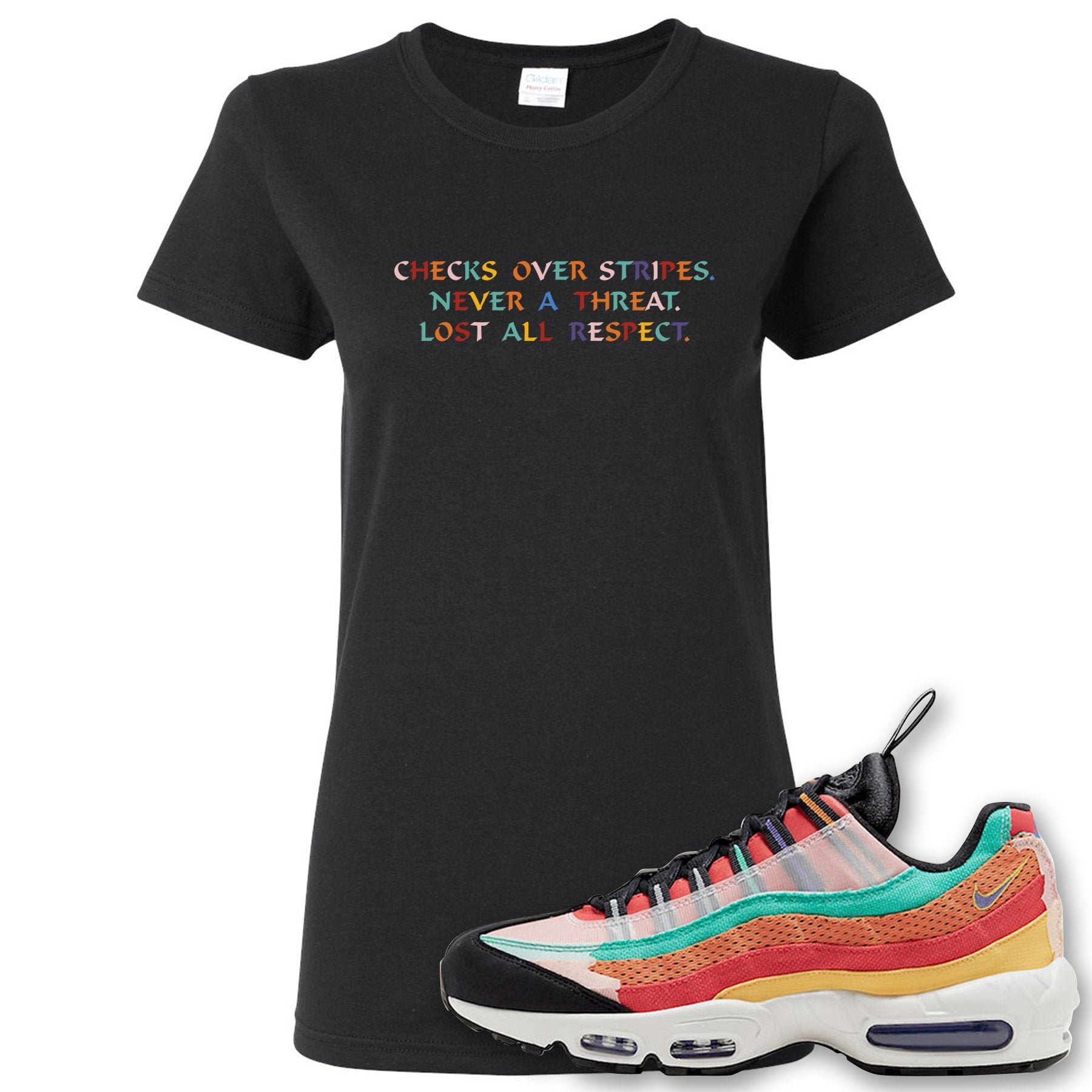 Air Max 95 Black History Month Sneaker Black Women's T Shirt | Women's Tees to match Nike Air Max 95 Black History Month Shoes | Checks Over Stripes