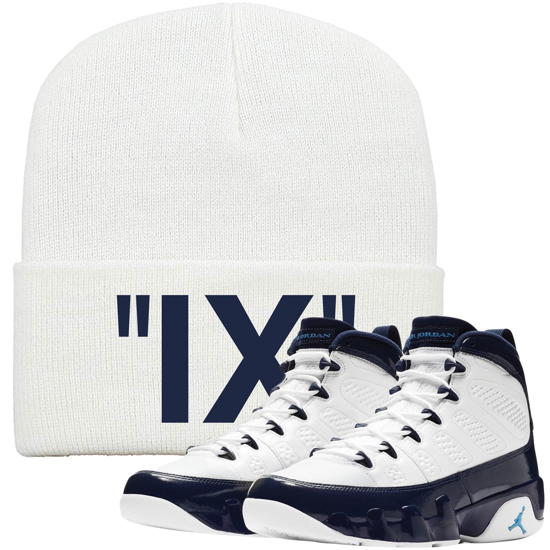 This Jordan 9 UNC All Star Blue Pearl sneaker matching winter beanie is perfect for matching the Jordan 9 UNC  Blue Pear sneakers