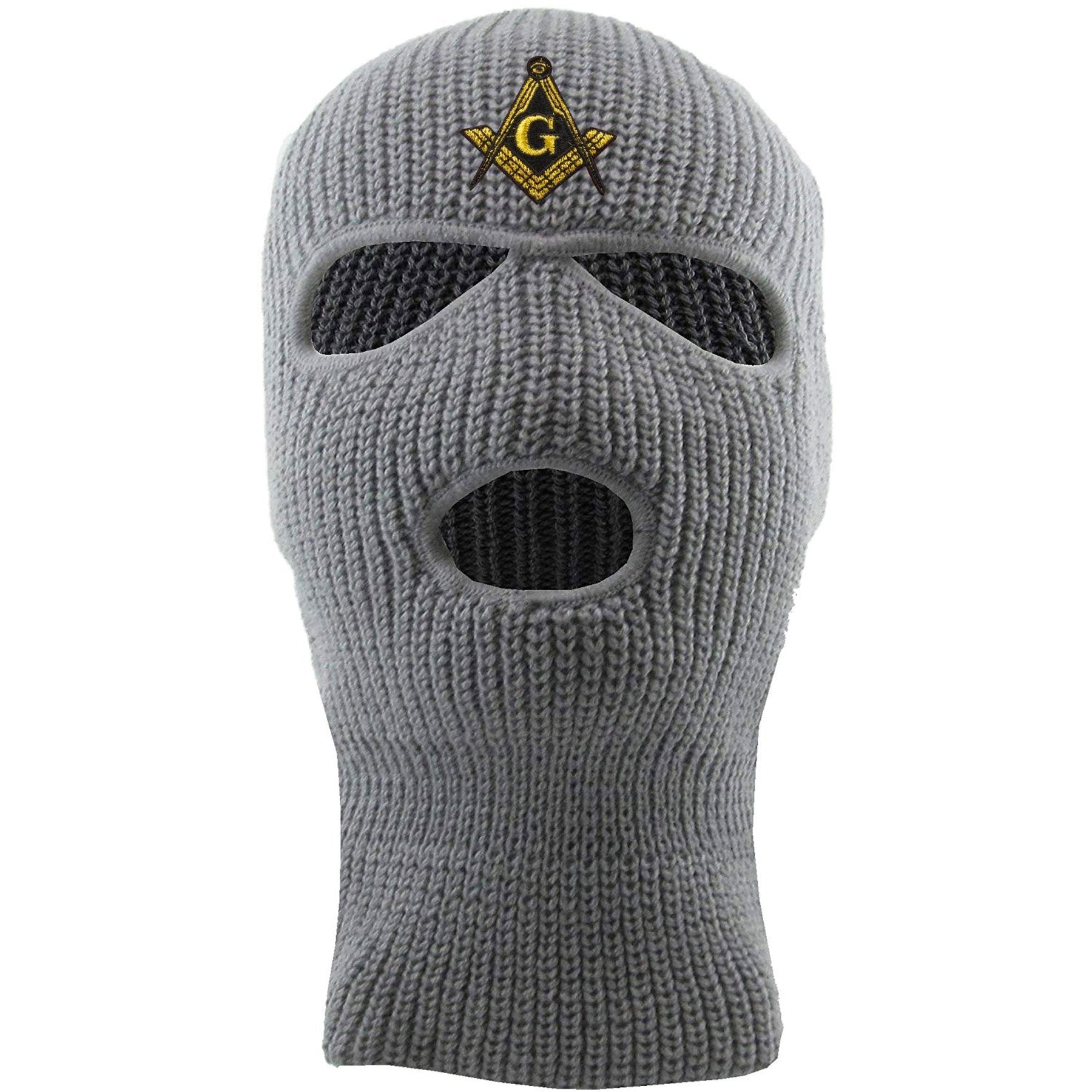 Embroidered on the front of the light gray masonic ski mask is the free mason square compass embroidered in metallic gold and black