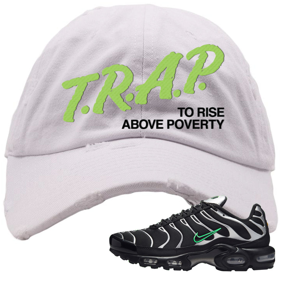 Neon Green Black Grey Pluses Distressed Dad Hat | Trap To Rise Above Poverty, White