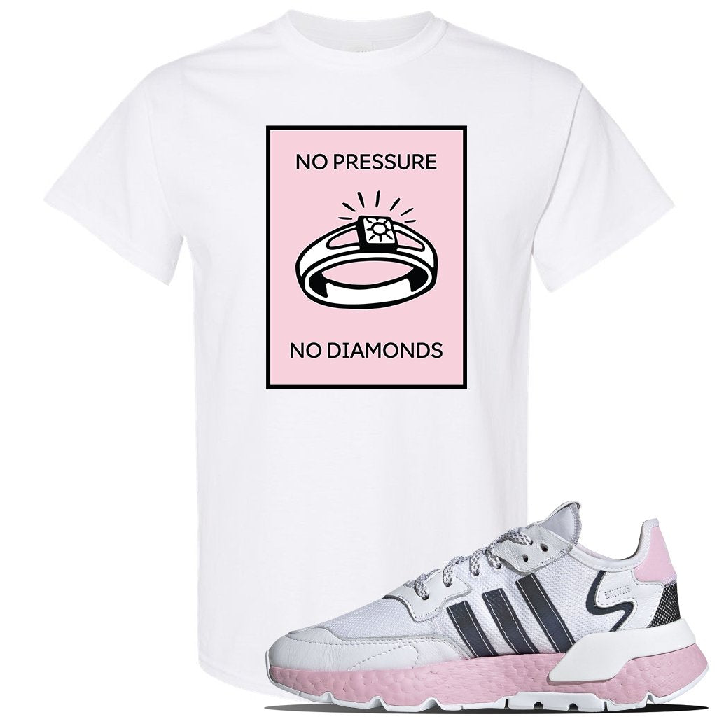 WMNS Nite Jogger Pink Boost Sneaker White T Shirt | Tees to match Adidas WMNS Nite Jogger Pink Boost Shoes | No Pressure No Diamond