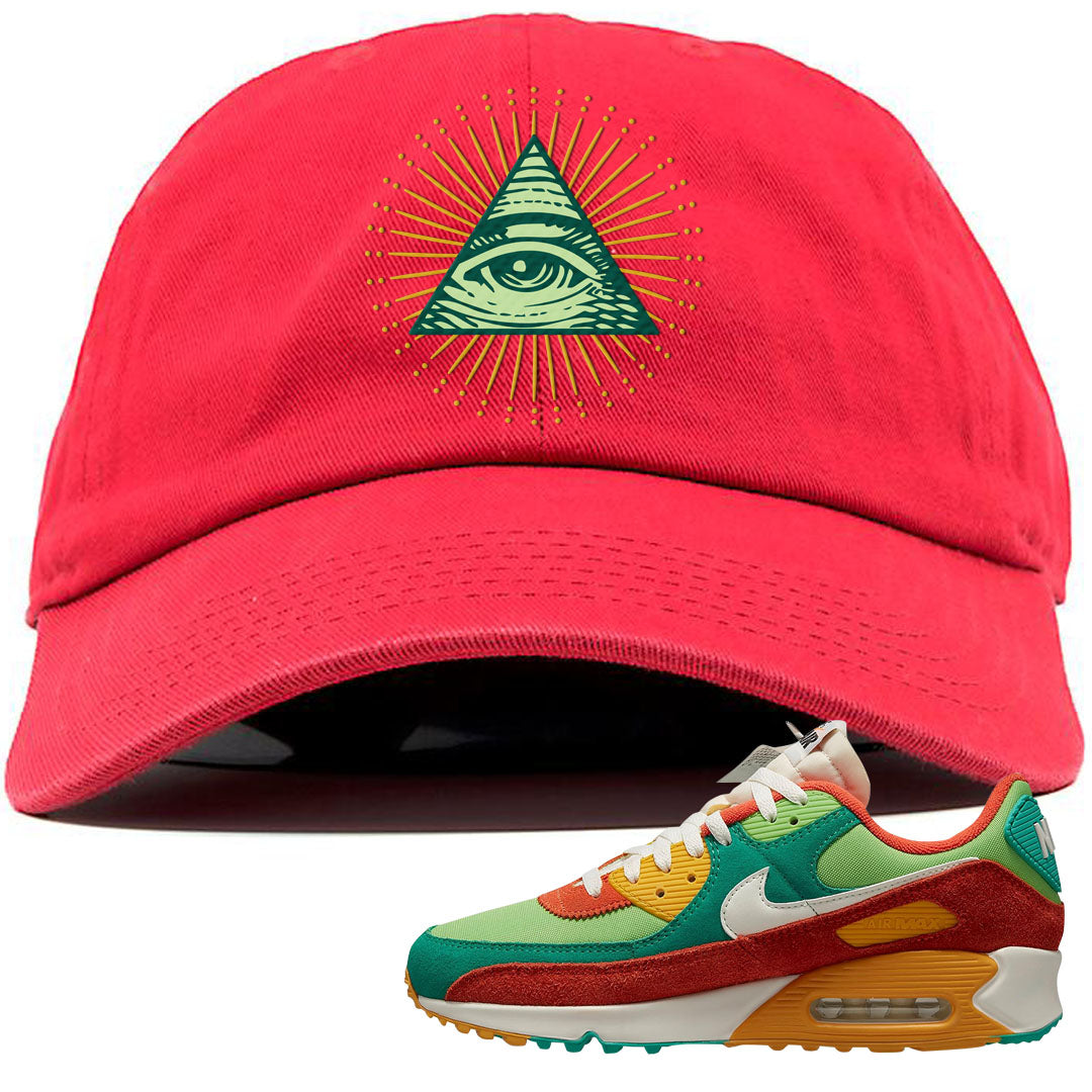 AMRC Green Orange SE 90s Dad Hat | All Seeing Eye, Red