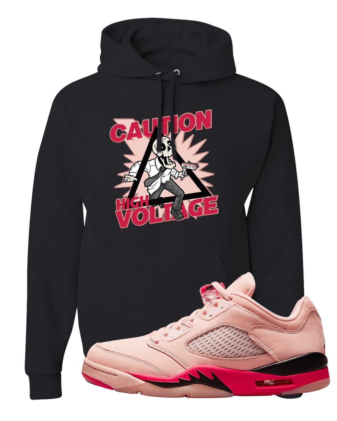 Arctic Pink Low 5s Hoodie | Caution High Voltage, Black