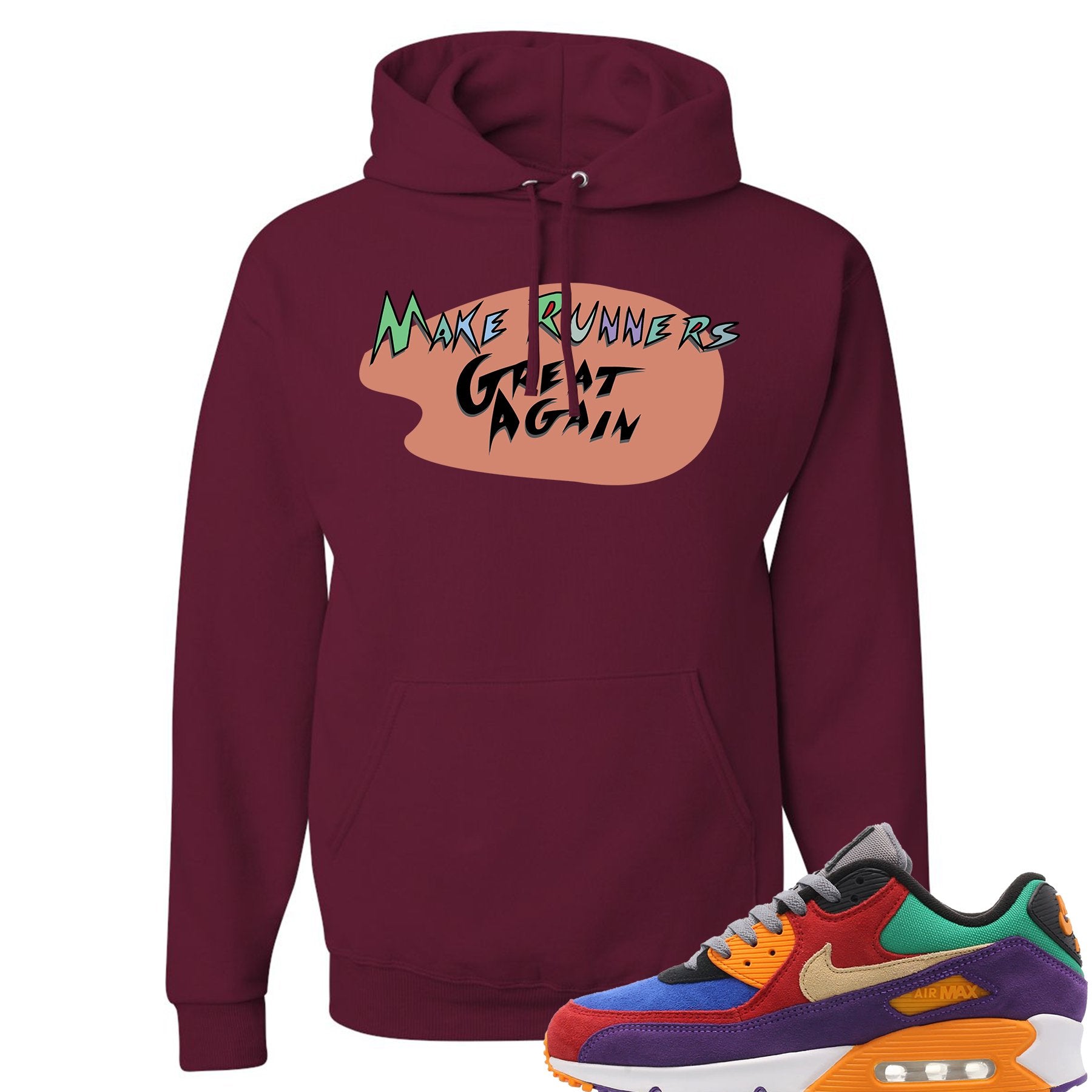 The maroon Air Max 97 Viotech sneaker matching pullover hoodie has the Make Runners Great Again logo printed