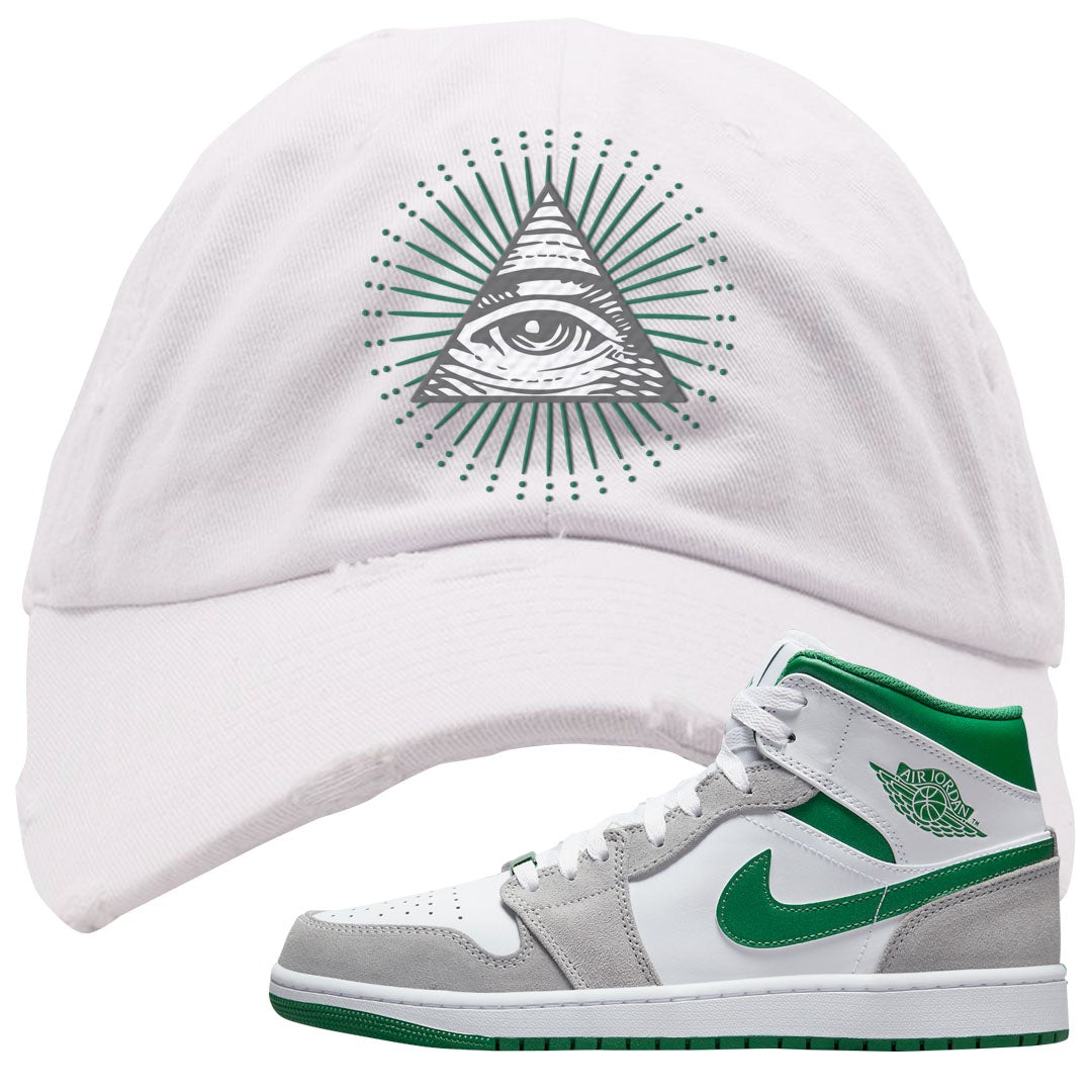 Light Smoke Pine Green Mid 1s Distressed Dad Hat | All Seeing Eye, White