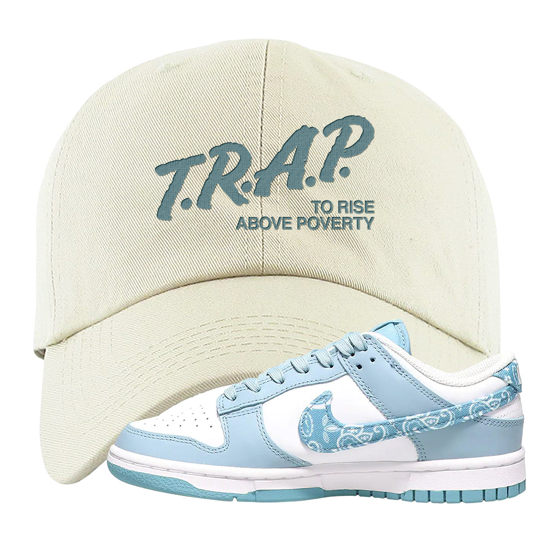 Paisley Light Blue Low Dunks Dad Hat | Trap To Rise Above Poverty, White