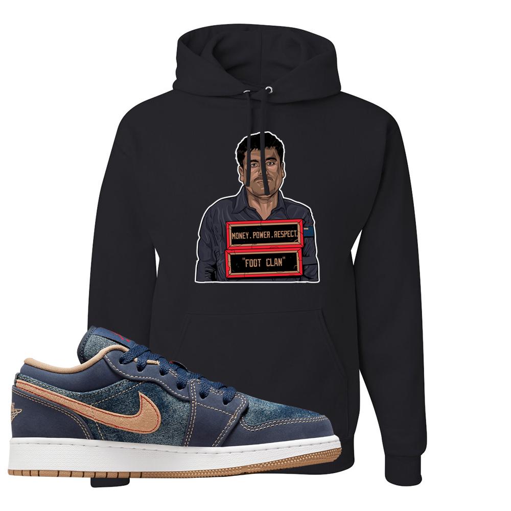 Denim Gum Bottom Low 1s Hoodie | El Chapo Illustration, Black