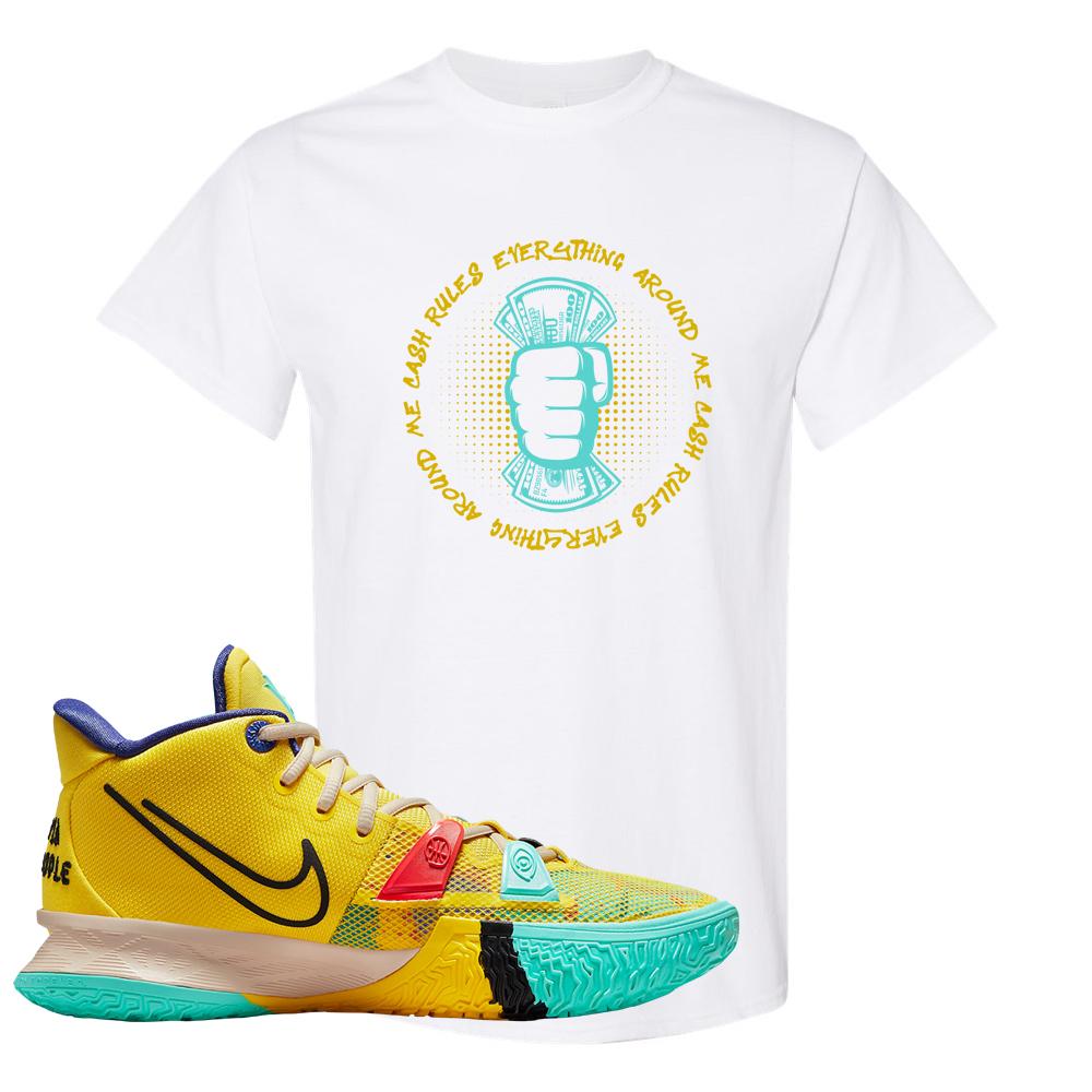 1 World 1 People Yellow 7s T Shirt | Cash Rules Everything Around Me, White