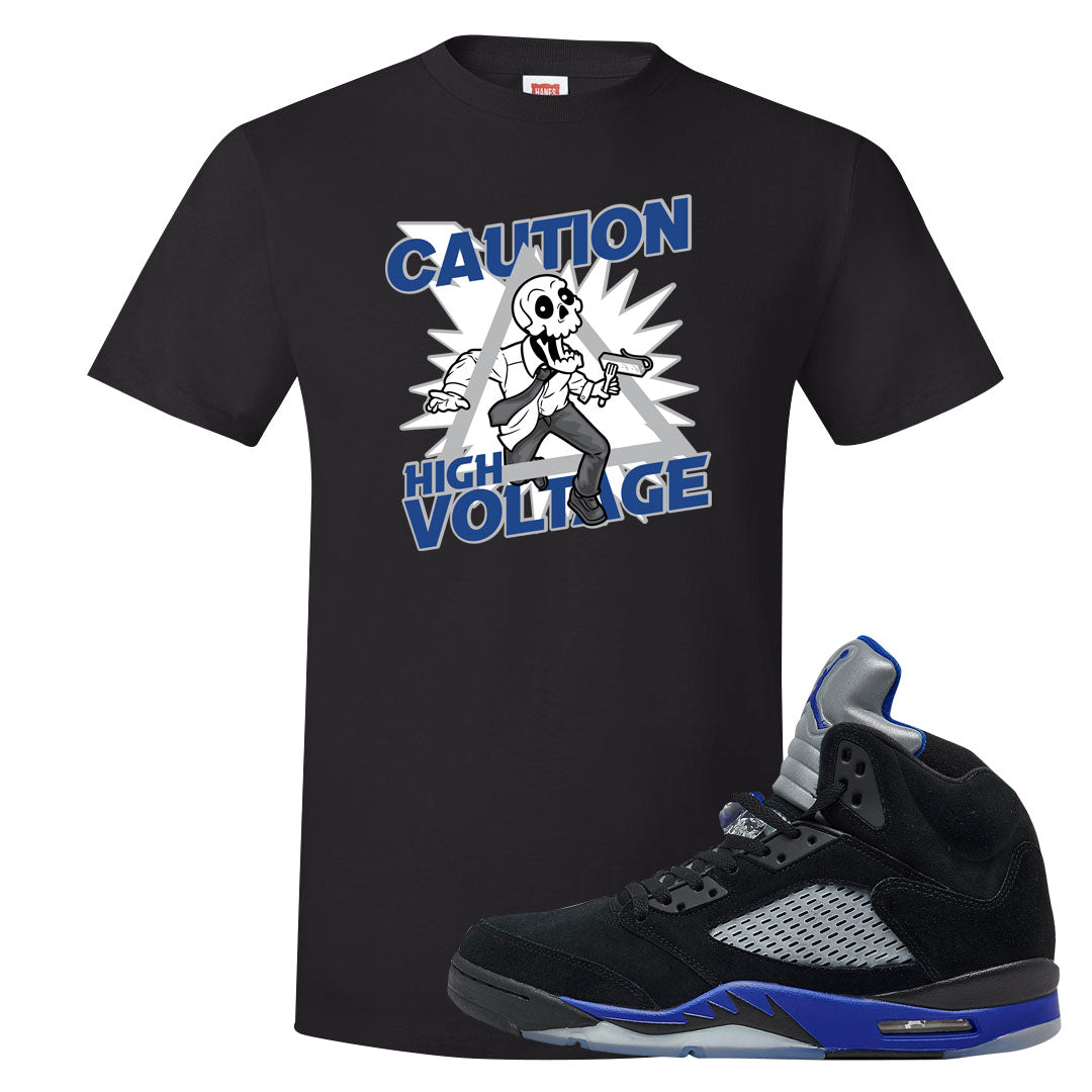 Racer Blue 5s T Shirt | Caution High Voltage, Black