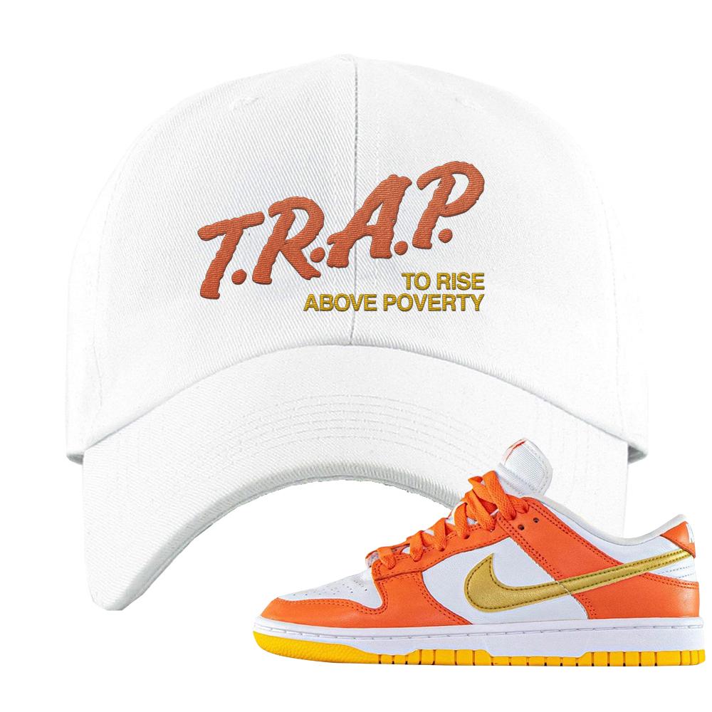 Golden Orange Low Dunks Dad Hat | Trap To Rise Above Poverty, White