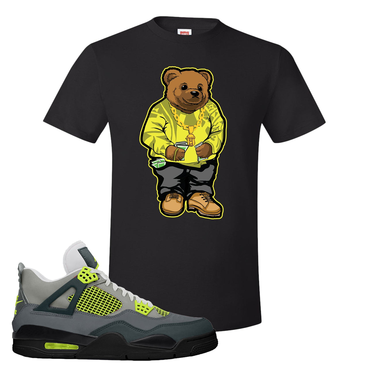 Jordan 4 Neon Sneaker Black T Shirt | Tees to match Nike Air Jordan 4 Neon Shoes | Sweater Bear
