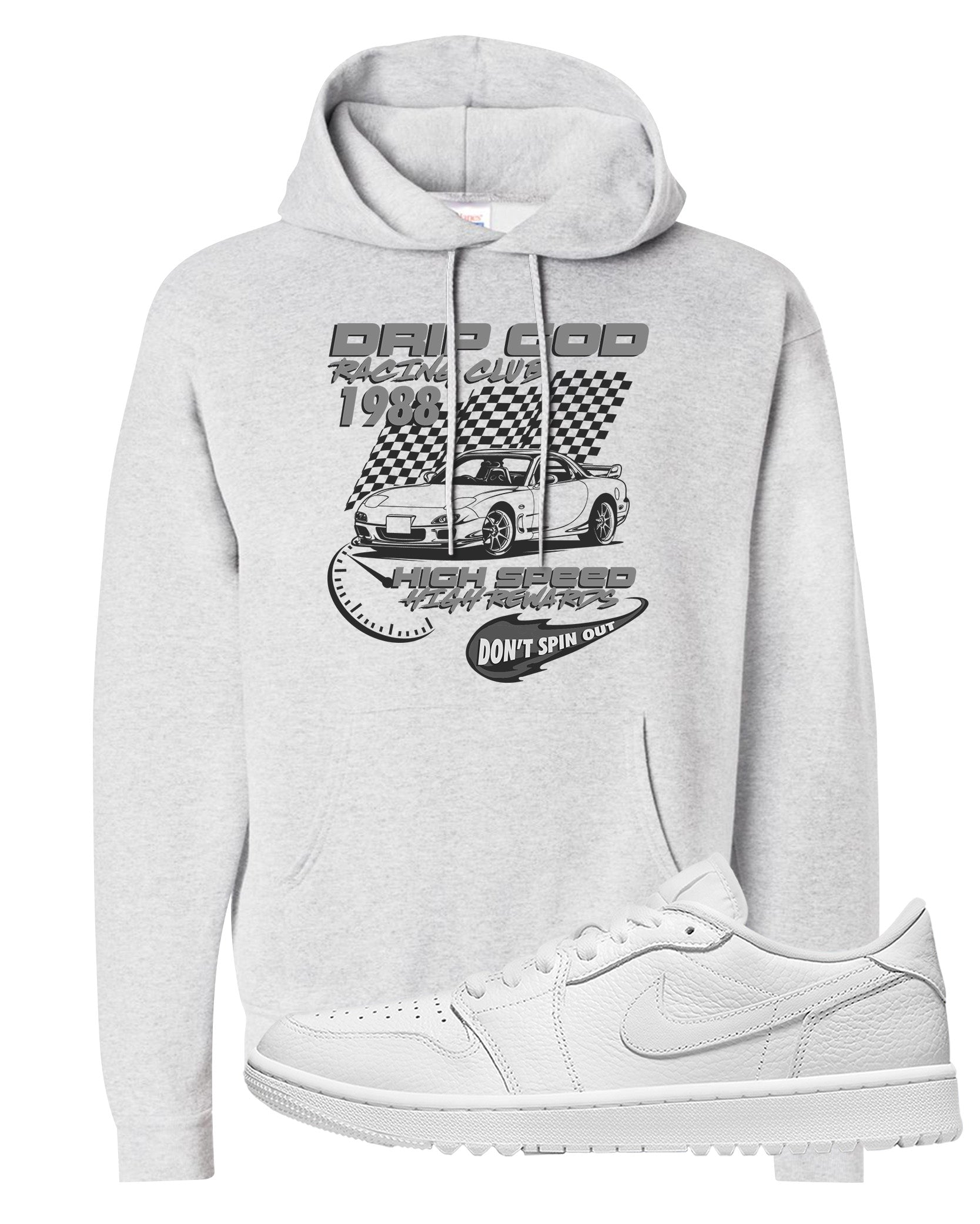 Triple White Golf Low 1s Hoodie | Drip God Racing Club, Ash