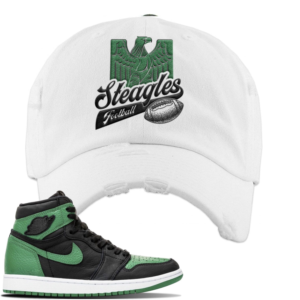 Jordan 1 Retro High OG Pine Green Gym Sneaker White Distressed Dad Hat | Hat to match Air Jordan 1 Retro High OG Pine Green Gym Shoes | Steagles