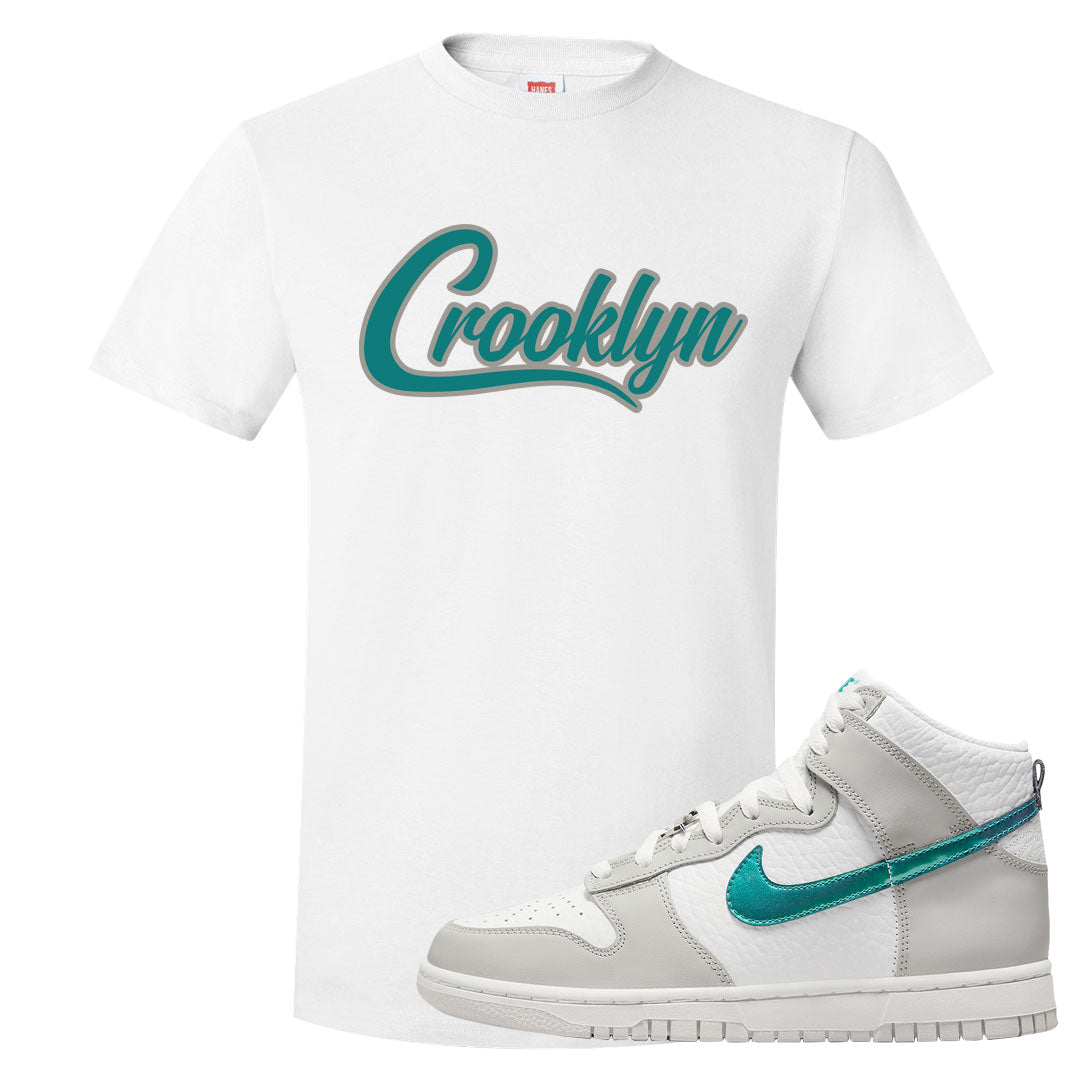 White Grey Turquoise High Dunks T Shirt | Crooklyn, White