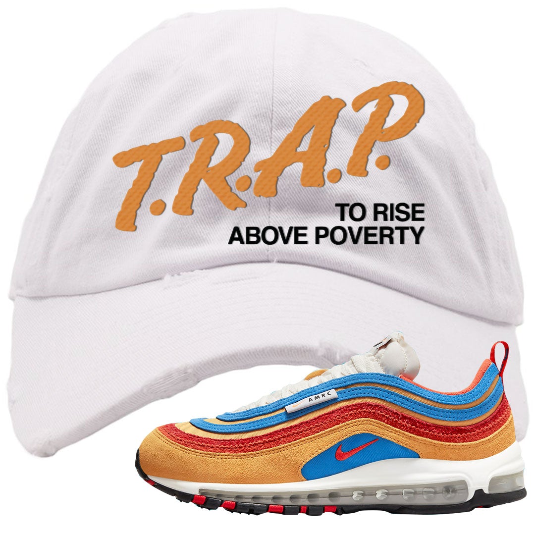 Tan AMRC 97s Distressed Dad Hat | Trap To Rise Above Poverty, White