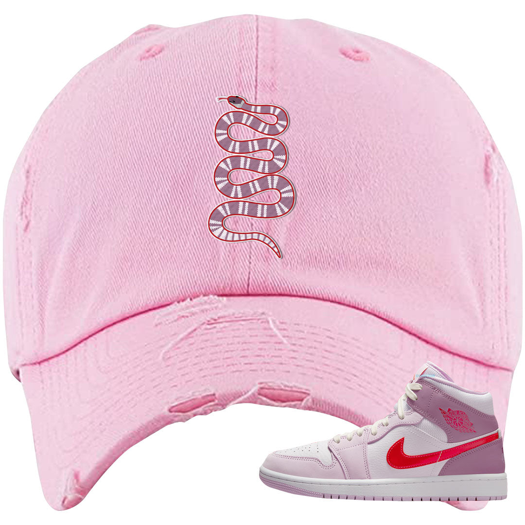 Valentine's Day Mid 1s Distressed Dad Hat | Coiled Snake, Light Pink