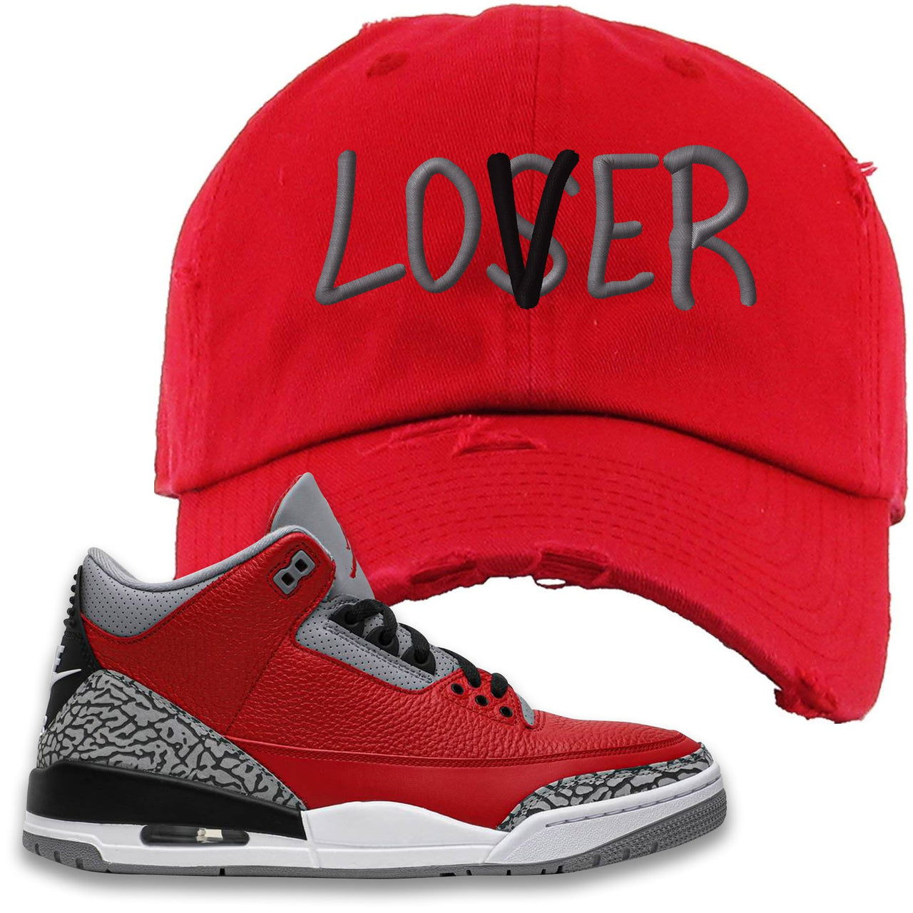 Chicago Exclusive Jordan 3 Red Cement Sneaker Red Distressed Dad Hat | Hat to match Jordan 3 All Star Red Cement Shoes | Lover