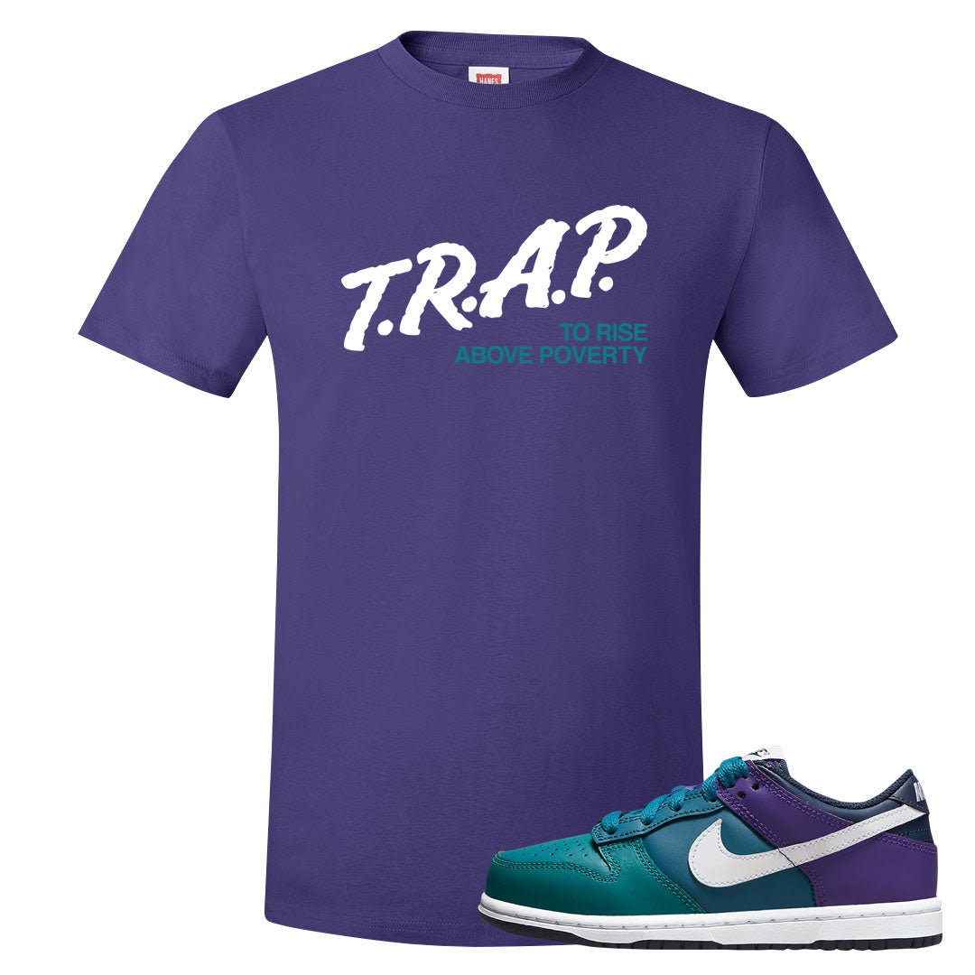 Teal Purple Low Dunks T Shirt | Trap To Rise Above Poverty, Purple