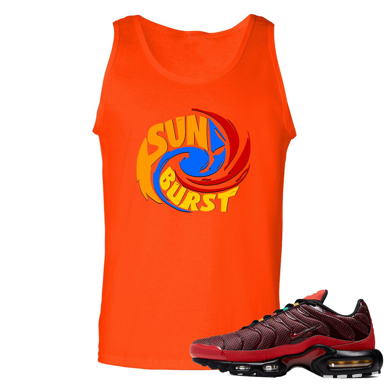 printed on the front of the air max plus sunburst sneaker matching orange tank top is the sunburst hurricane logo