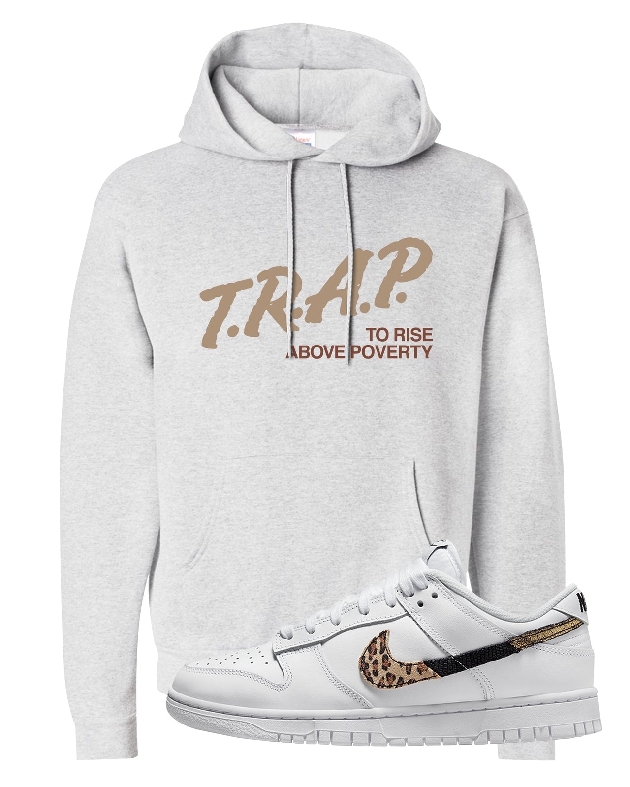 Primal White Leopard Low Dunks Hoodie | Trap To Rise Above Poverty, Ash